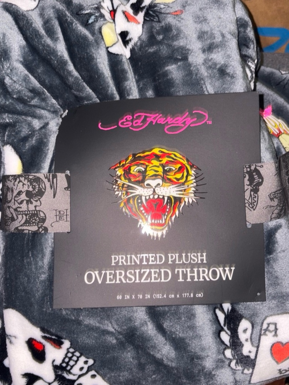 Ed Hardy Gray Plush Oversized Throw with Colorful Tiger & Skull Print
